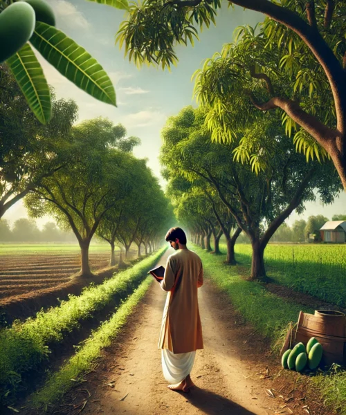 DALL·E 2024-12-03 16.49.34 - A serene pathway leading to a farm, bordered by lush mango trees under a clear blue sky. A young man dressed in simple traditional attire is walking,