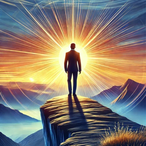 DALL·E 2024-12-03 17.13.19 - A symbolic depiction of self-confidence_ a person standing confidently at the edge of a cliff overlooking a sunrise, with radiant light symbolizing tr