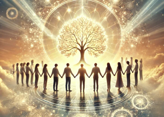 DALL·E 2024-12-04 10.31.38 - A divine representation of teamwork_ a radiant group of diverse individuals standing in a circle, holding hands and glowing with harmonious light, set